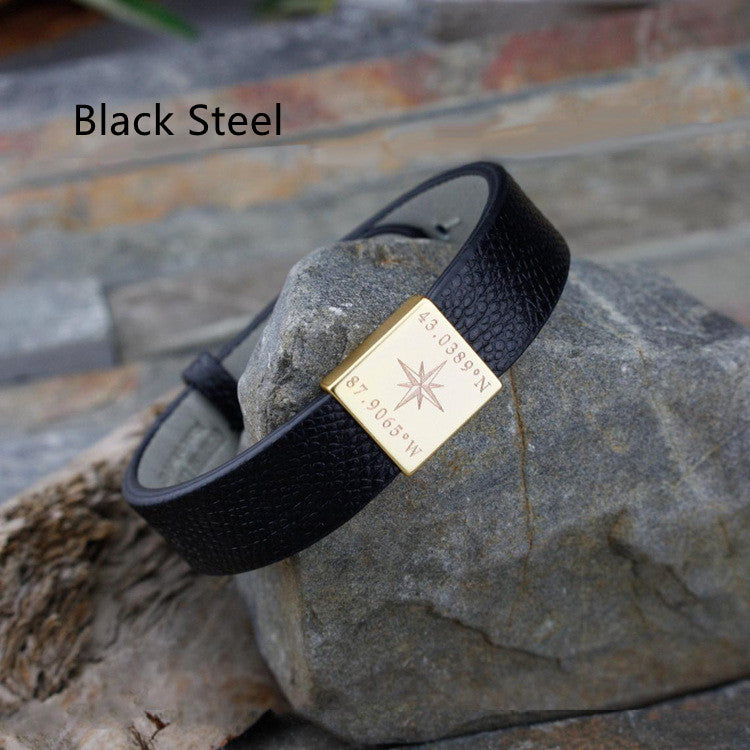 Men's Simple Black Cowhide Stainless Steel Bracelet - FASHIONKULTUR