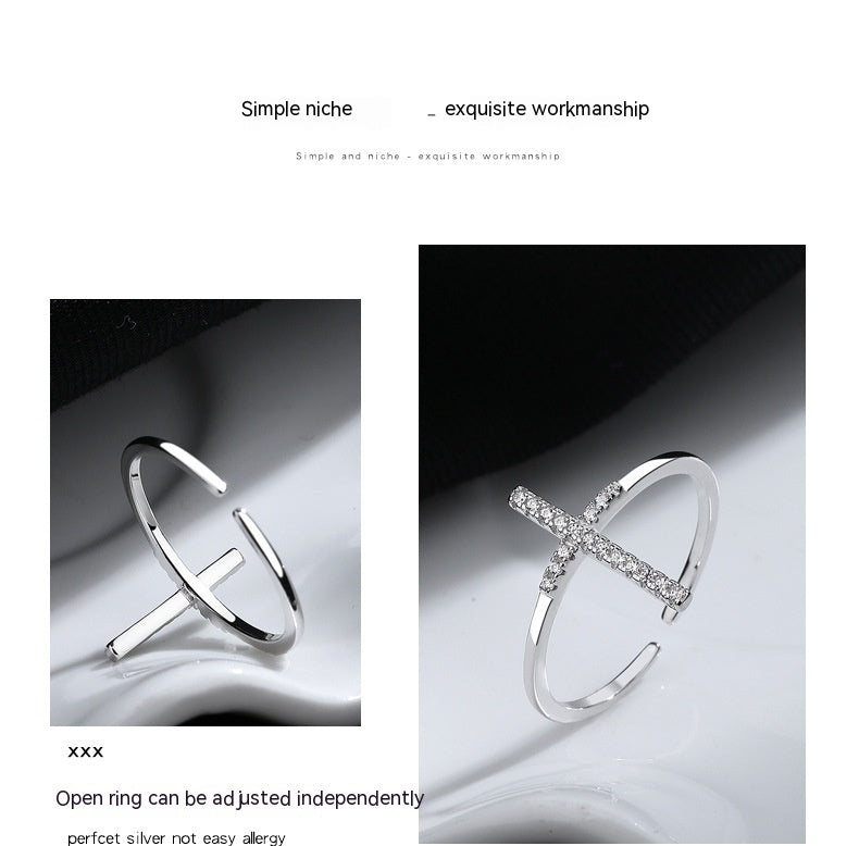 European And American Simple INS Style Cross Open Ring Female 925 Sterling Silver Niche Design - FASHIONKULTUR