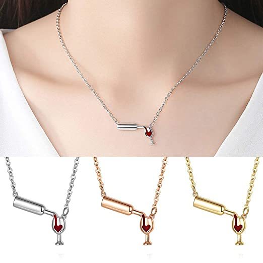 Wine Bottle Cup Pendant Necklace For Women Girls Wine Glass Necklace Love Cheers Chain Necklace Red Enamel Heart Necklace Christmas Birthday Jewelry Gifts For Wine Lovers - FASHIONKULTUR