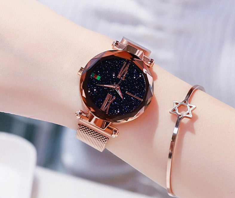 Luxury Women Watches Mesh Ladies Clock Magnet Buckle Starry Diamond Geometric Surface Quartz Wristwatch - FASHIONKULTUR