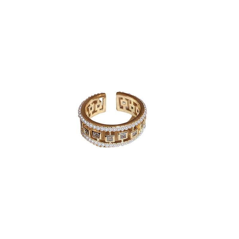 Pearl Hollowed-out Square Open-end Zircon Ring European And American Fashion Ring Female Jewelry - FASHIONKULTUR