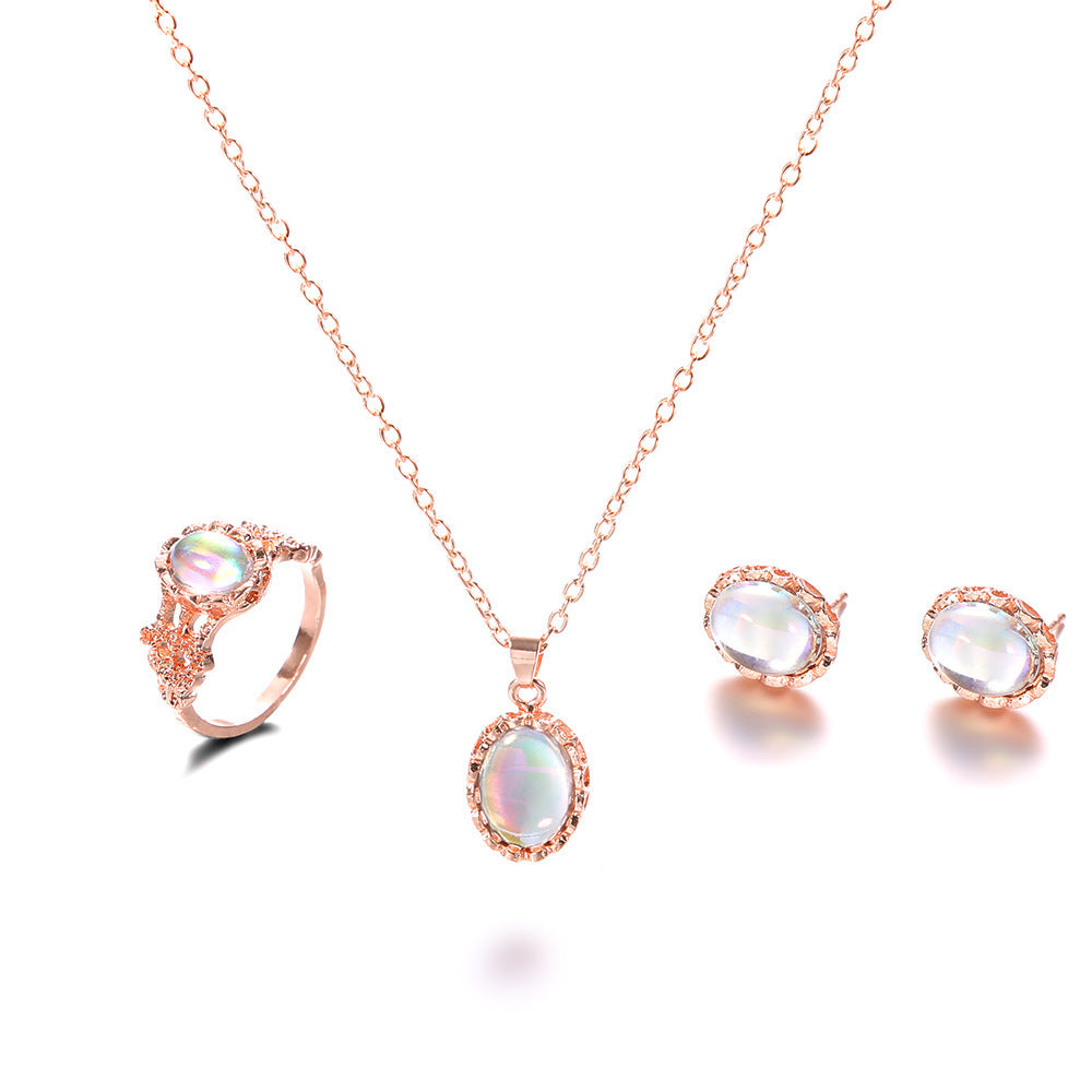 Dazzling gemstone trend jewelry set Fashion Europe and new necklace earrings ring set - FASHIONKULTUR