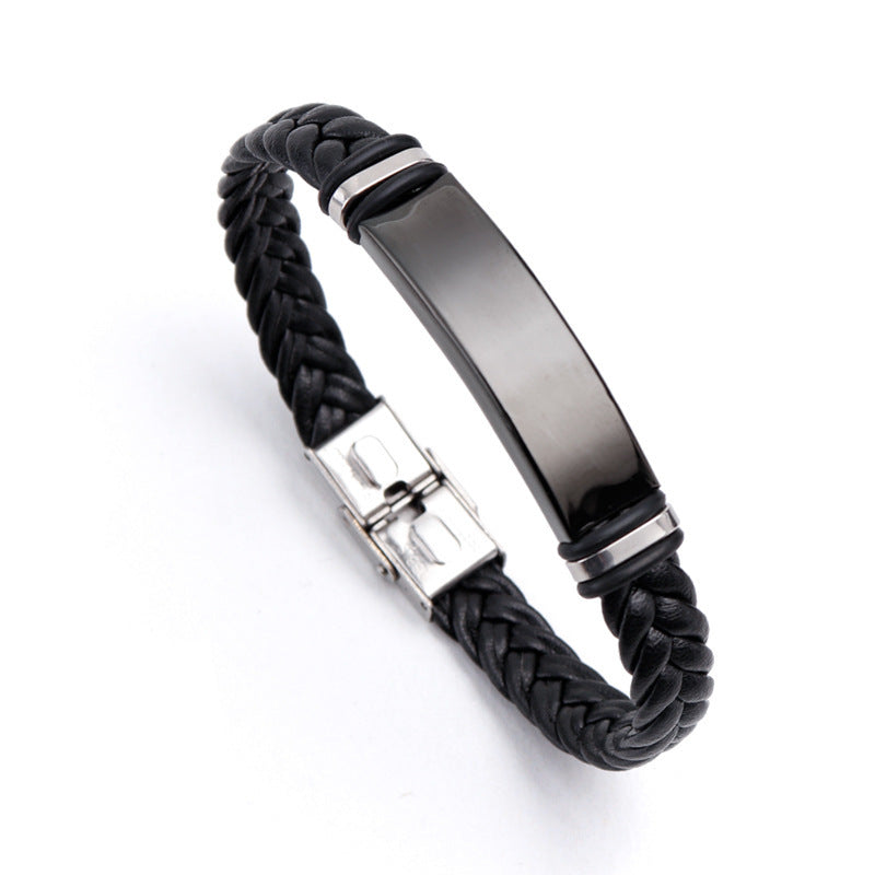 Men's Titanium Light Plate Lettering Stainless Steel Leather Braided Rope Bracelet - FASHIONKULTUR