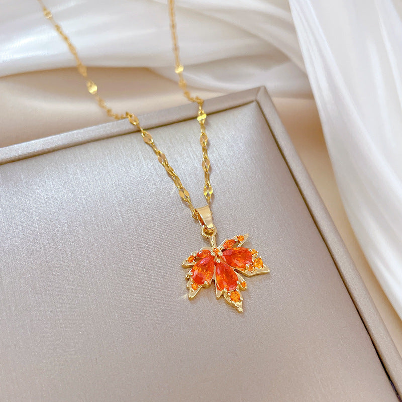 Red Maple Leaf Light Luxury Bone Chain Titanium Steel Necklace - FASHIONKULTUR