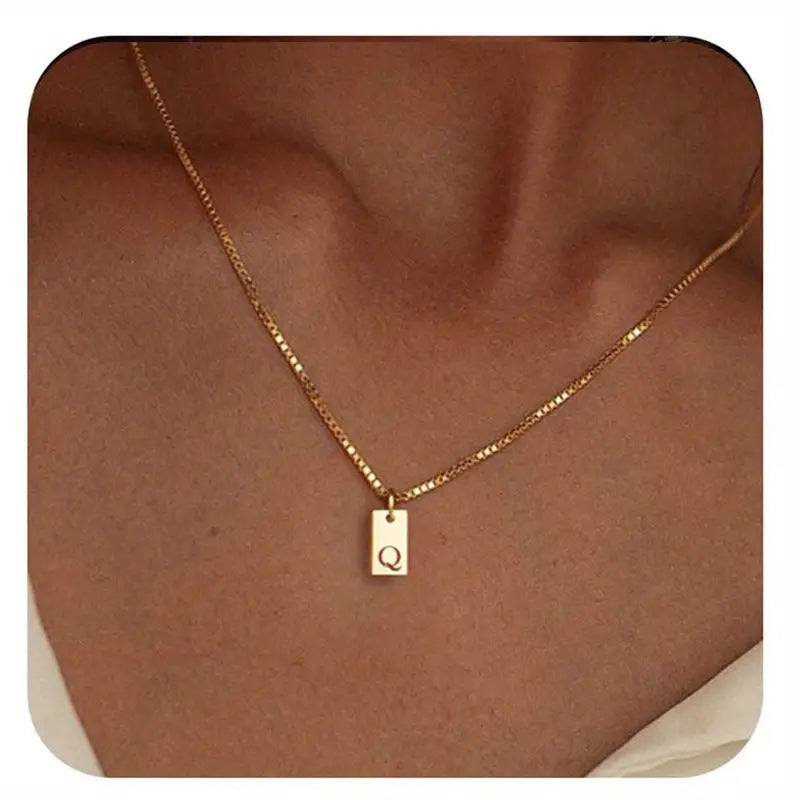Stainless Steel Corrosion Carved 26 Letters Square Pendant Women's Necklace - FASHIONKULTUR