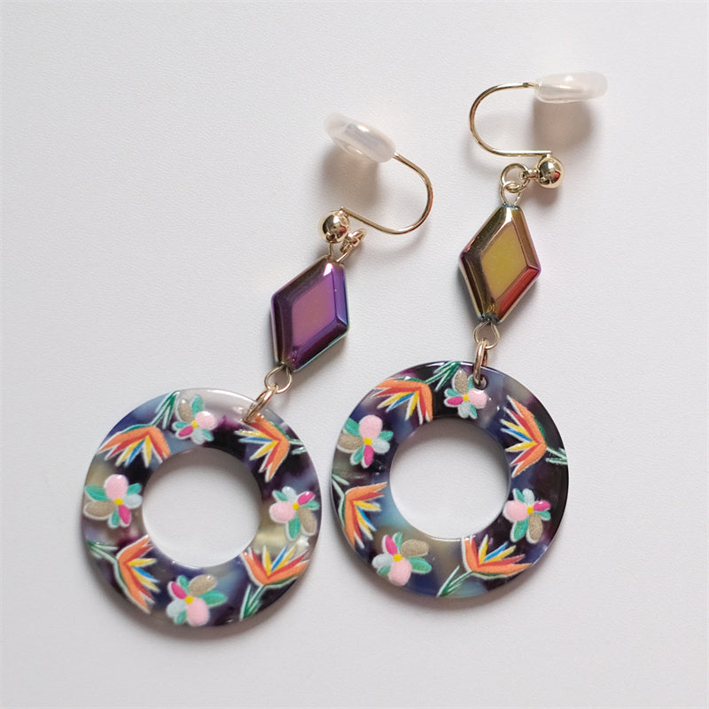 Vintage Embossed Flower Blue Circle Vacation Silver Earrings - FASHIONKULTUR