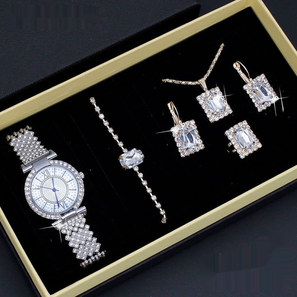 Roman Pattern Diamond-embedded Women's Watch Jewelry Gift Set Bracelet Watch Women's Light Luxury Full Diamond Good-looking - FASHIONKULTUR