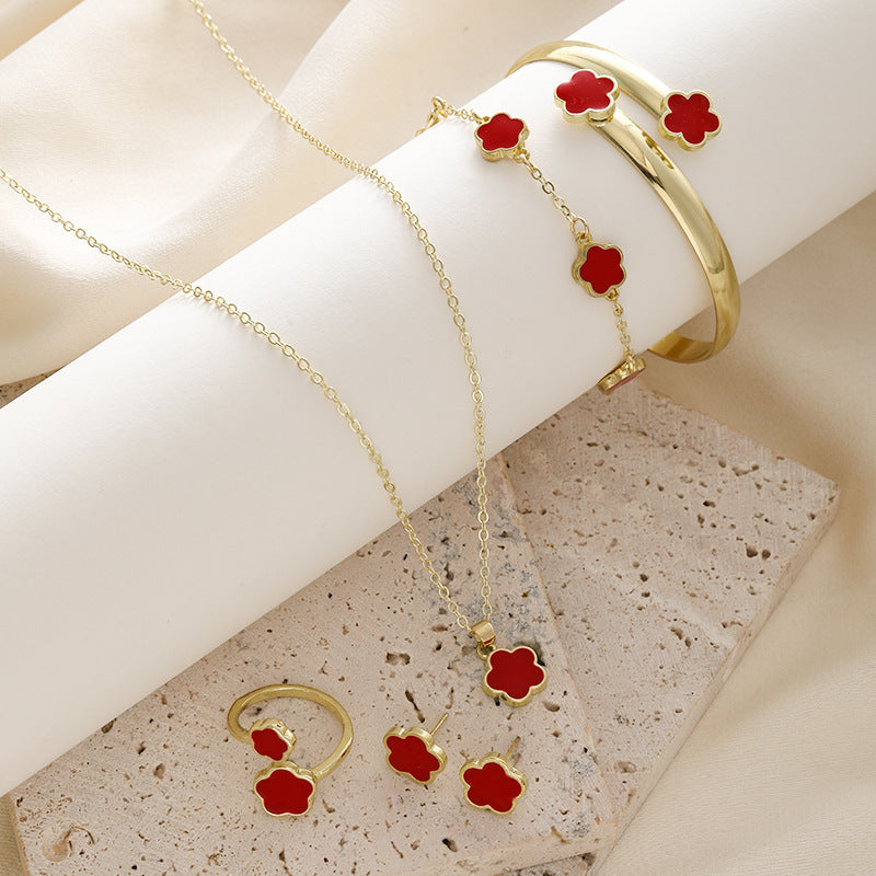 Parthenocissus Grass Jewelry Suit Simple Drop Oil Lucky Flower Necklace 5-piece Set - FASHIONKULTUR