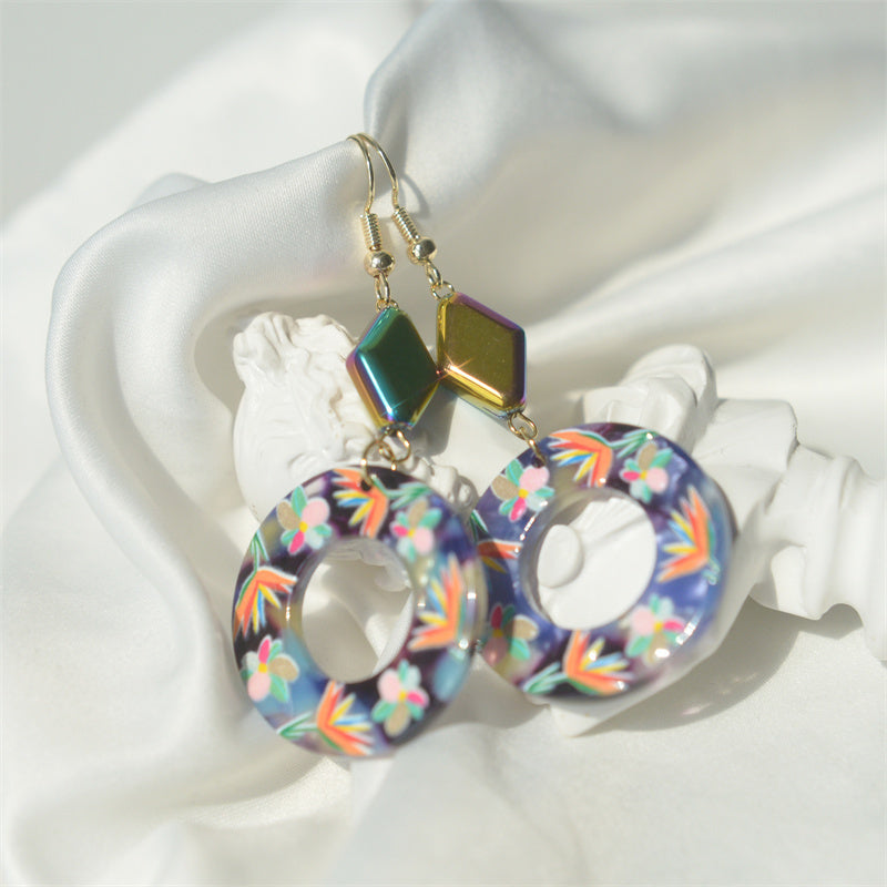 Vintage Embossed Flower Blue Circle Vacation Silver Earrings - FASHIONKULTUR