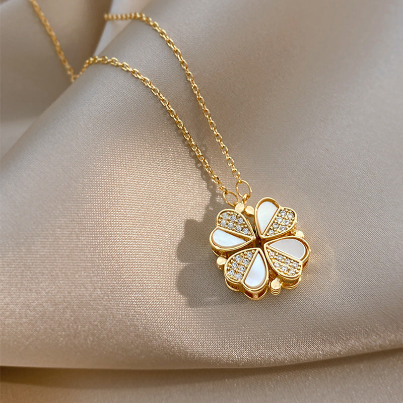 Luxury Four Leaf Clover Pendant Necklace Stainless Steel Crystal Heart Jewelry For Women Gift - FASHIONKULTUR
