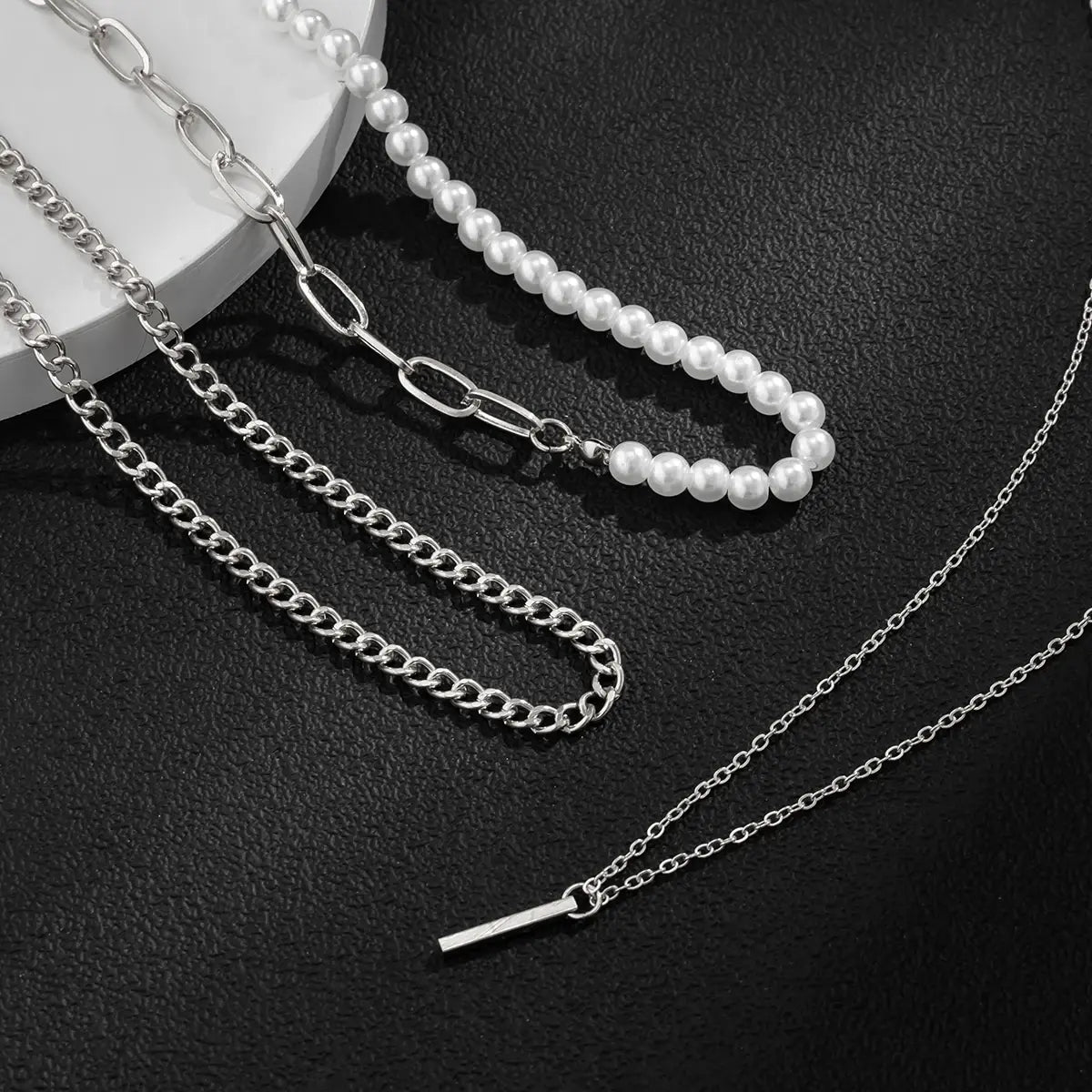 Ancient Geometric Pendant Necklace for Men with Half-Pearl Chain Choker - FASHIONKULTUR