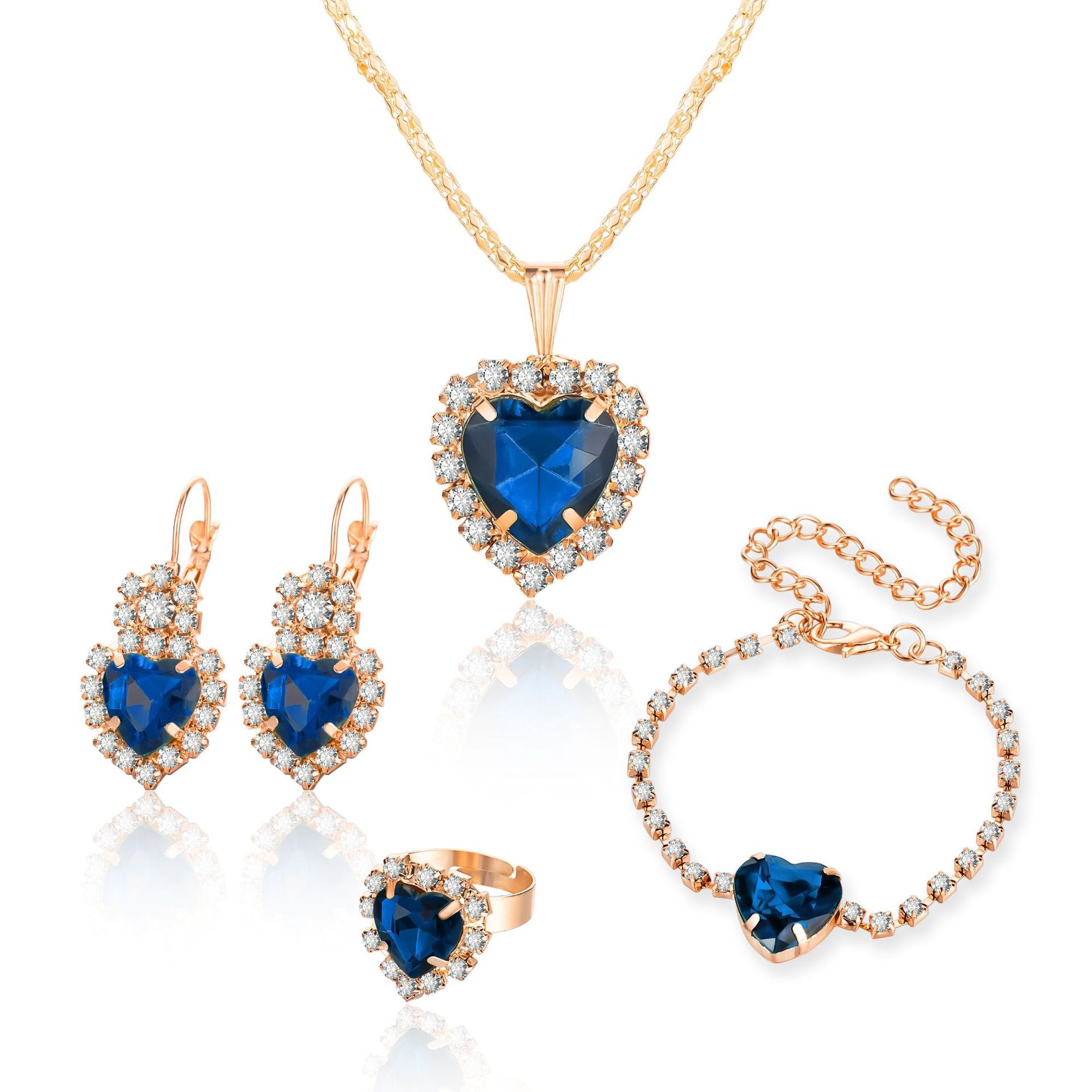 Heart Shape Rhinestone Necklace Earring Ring Bracelet 4 PCs Set - FASHIONKULTUR