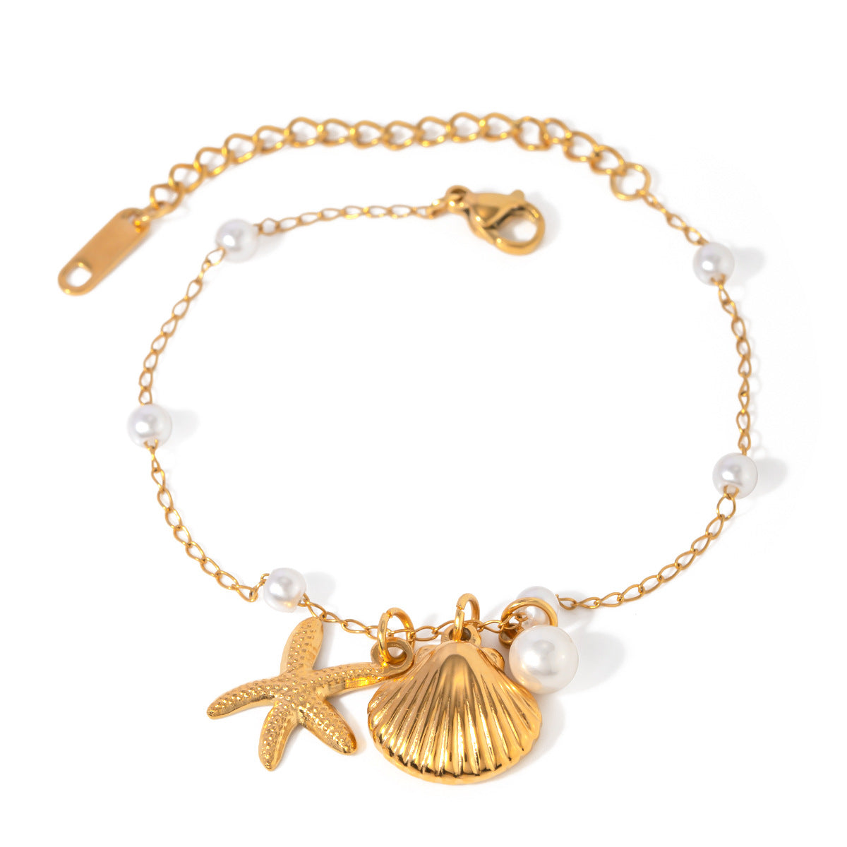Fashion Jewelry 18K Gold Stainless Steel Pearl Chain Summer Holiday Shell Starfish Pendant Bracelet - FASHIONKULTUR