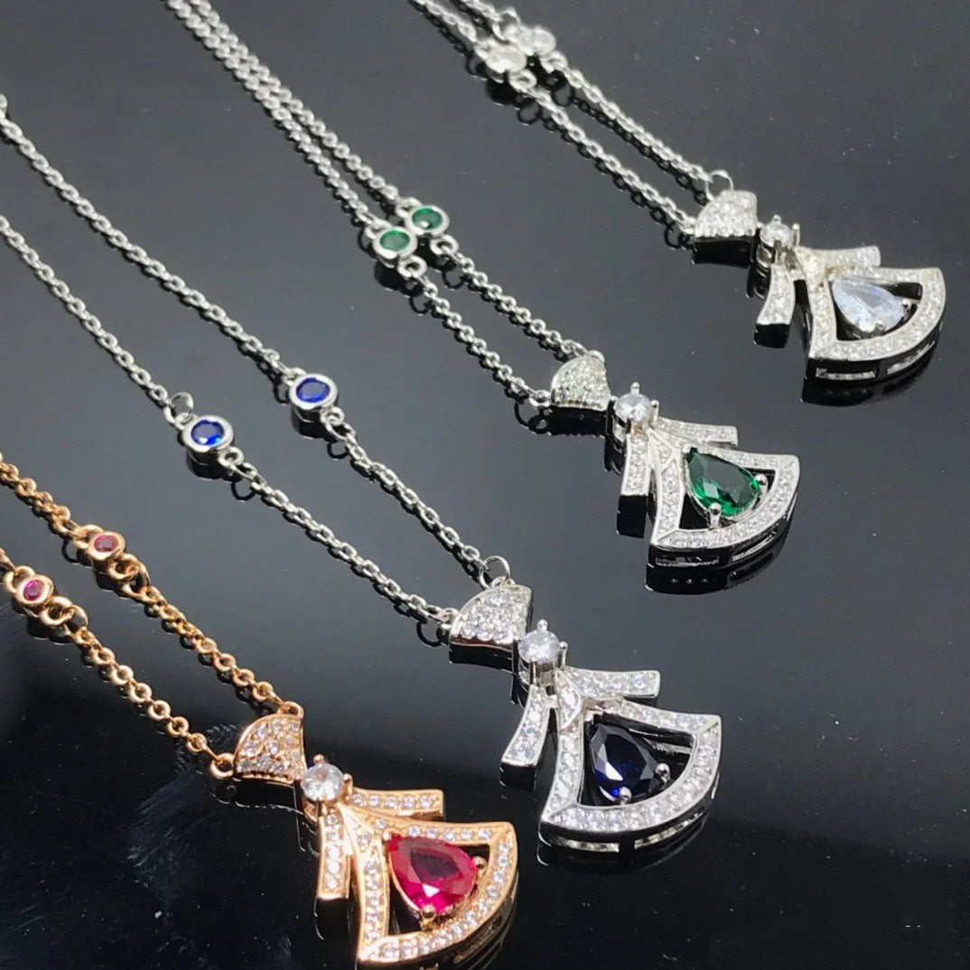 Fashionable All-match Pear-shaped Red And Blue Emerald Full Diamond Clavicle Chain - FASHIONKULTUR