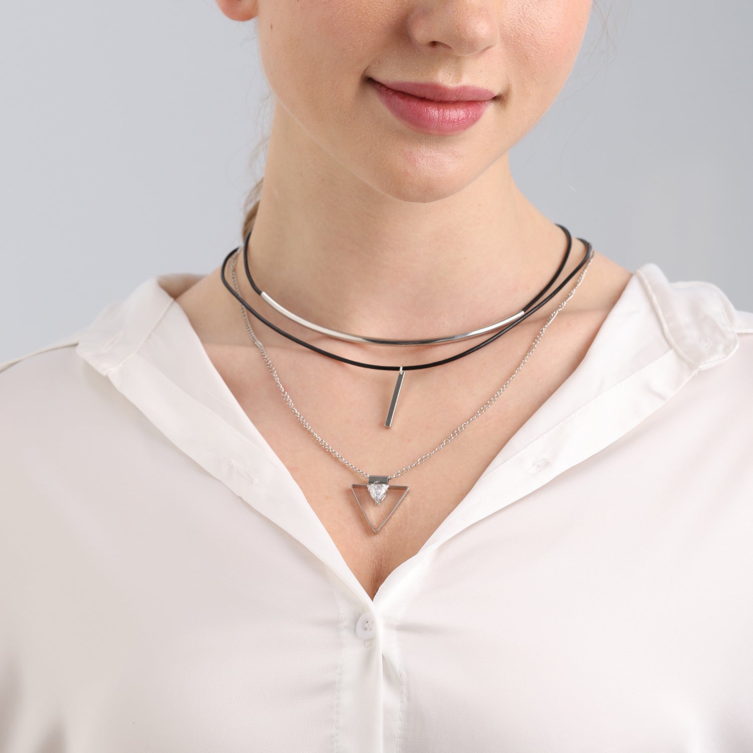 European And American Twin Multi-layer Cowhide String Geometric Triangle Zircon Pendant Necklace - FASHIONKULTUR