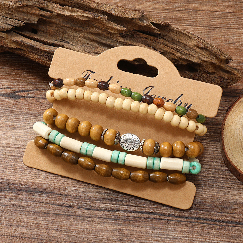 Colorful Wooden Bead Small Flower Filament Five-piece Bracelet - FASHIONKULTUR