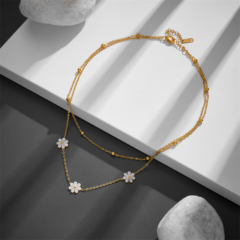 Fashion Jewelry Stainless Steel Flower DaisyFlower Necklace Double Layering Necklace Earrings Jeweley Set - FASHIONKULTUR