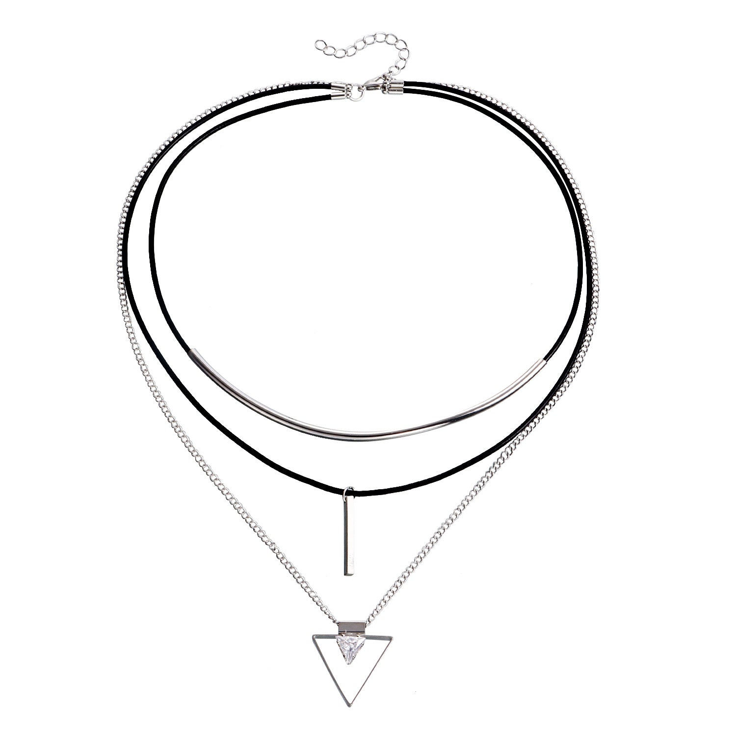 European And American Twin Multi-layer Cowhide String Geometric Triangle Zircon Pendant Necklace - FASHIONKULTUR