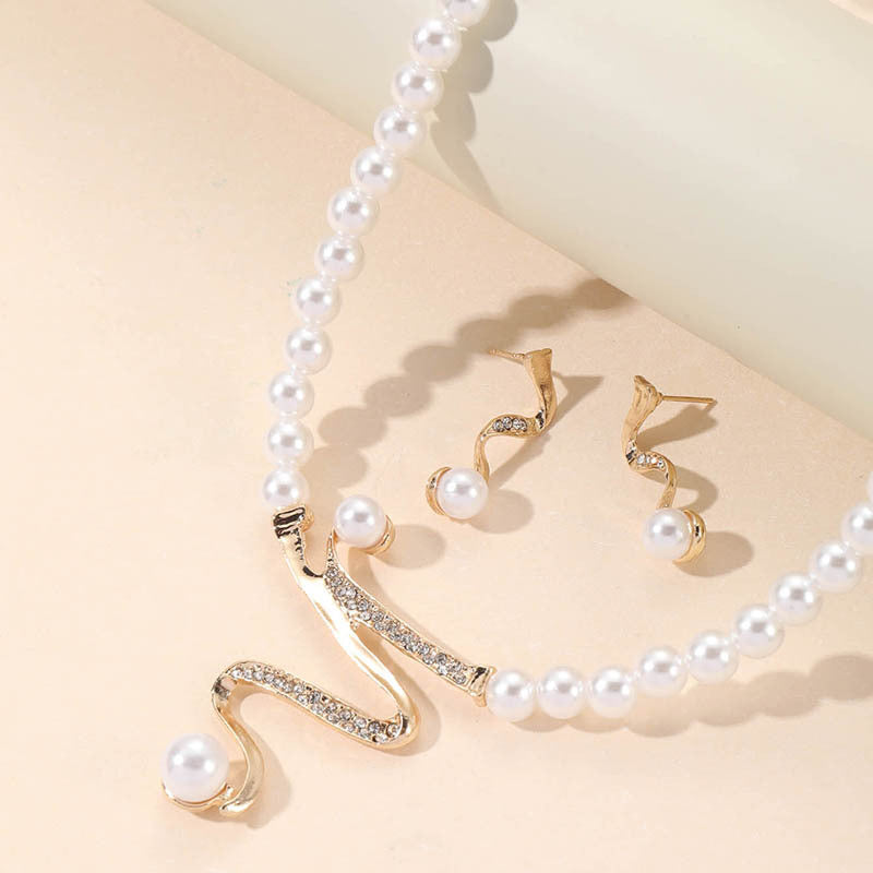 Fashion Pearl Diamond-studded Necklace Earrings Pendant 2-piece Set - FASHIONKULTUR