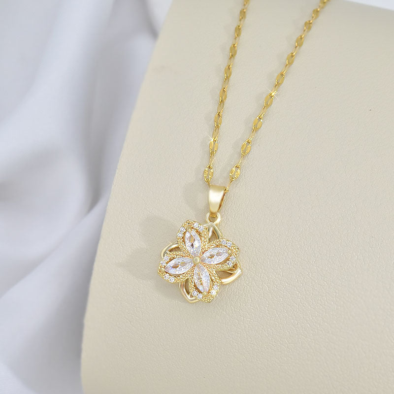Rotatable Titanium Steel Four-petal Flower Necklace Female Inlaid Zircon Ring Earrings - FASHIONKULTUR