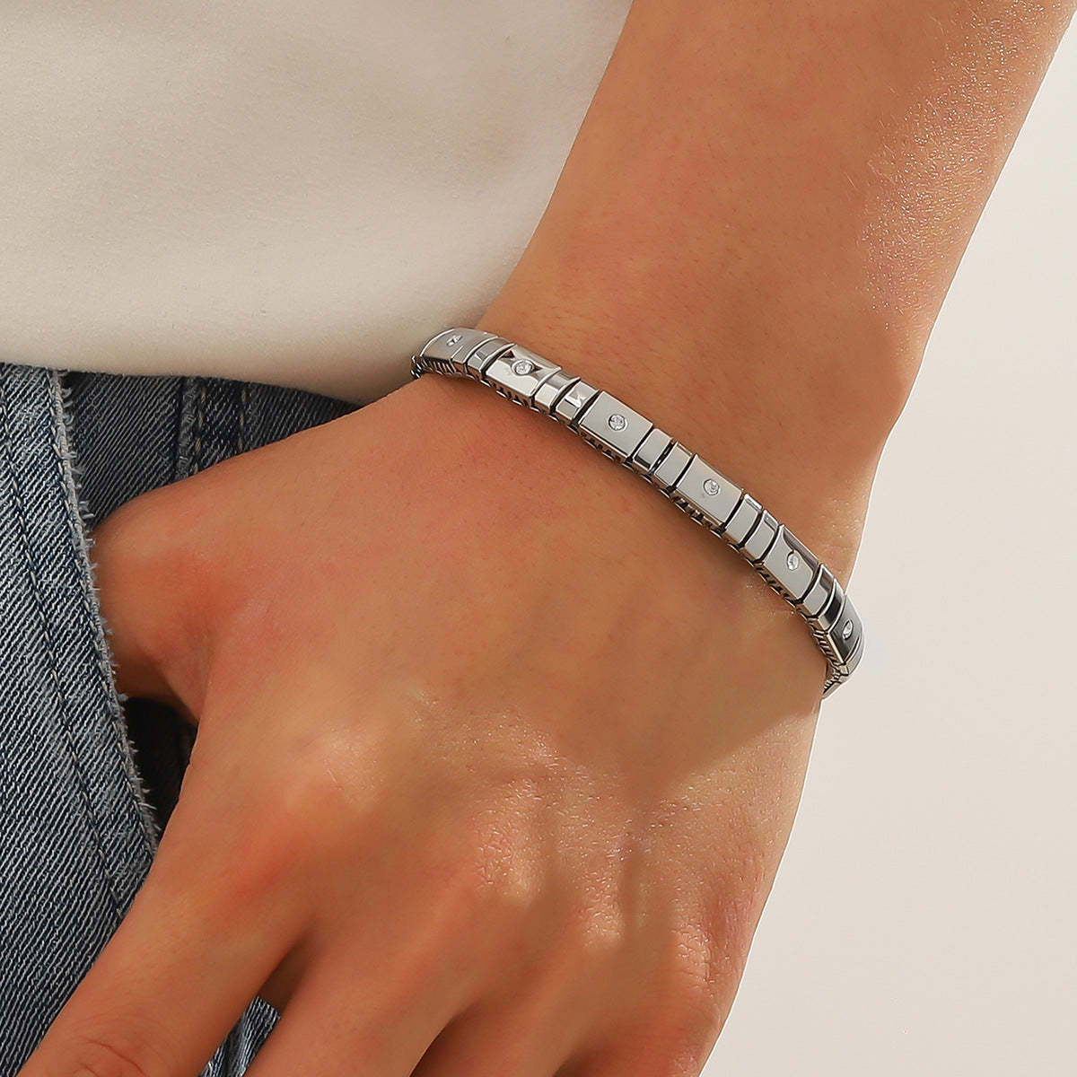 Cold Stainless Steel Diamond Elastic Bracelet For Men - FASHIONKULTUR