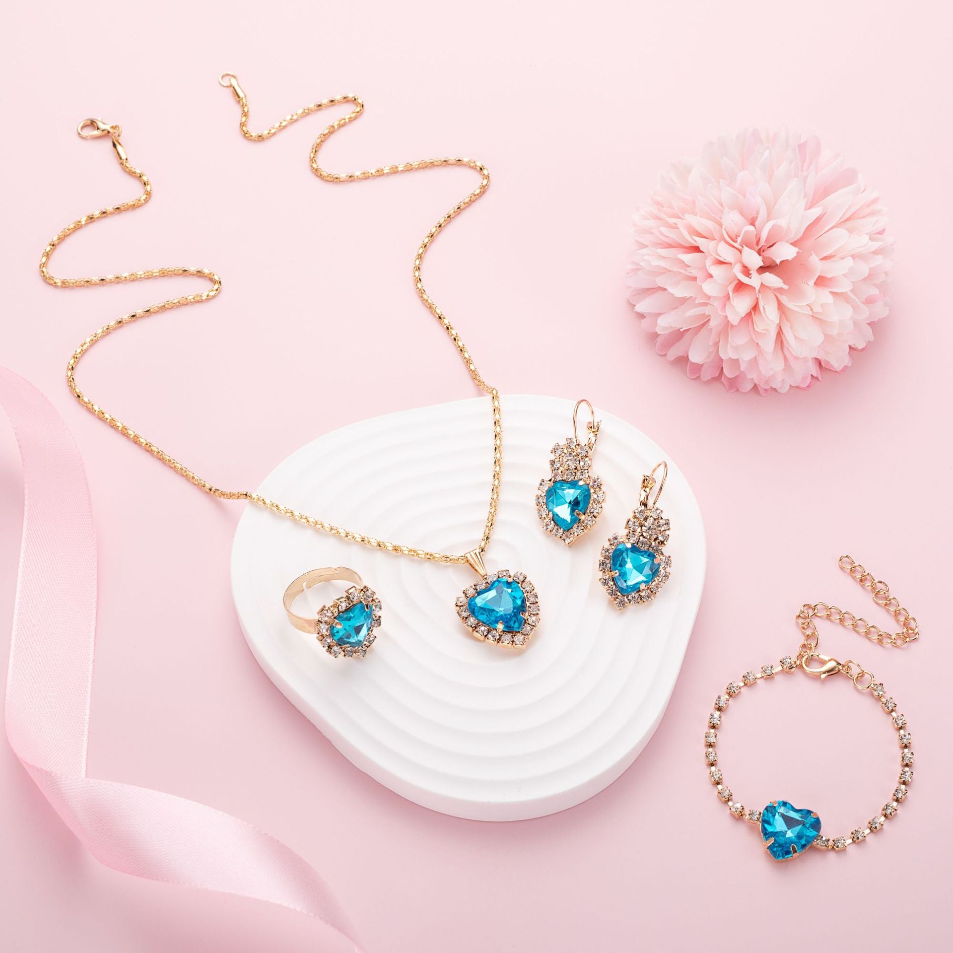 Heart Shape Rhinestone Necklace Earring Ring Bracelet 4 PCs Set - FASHIONKULTUR