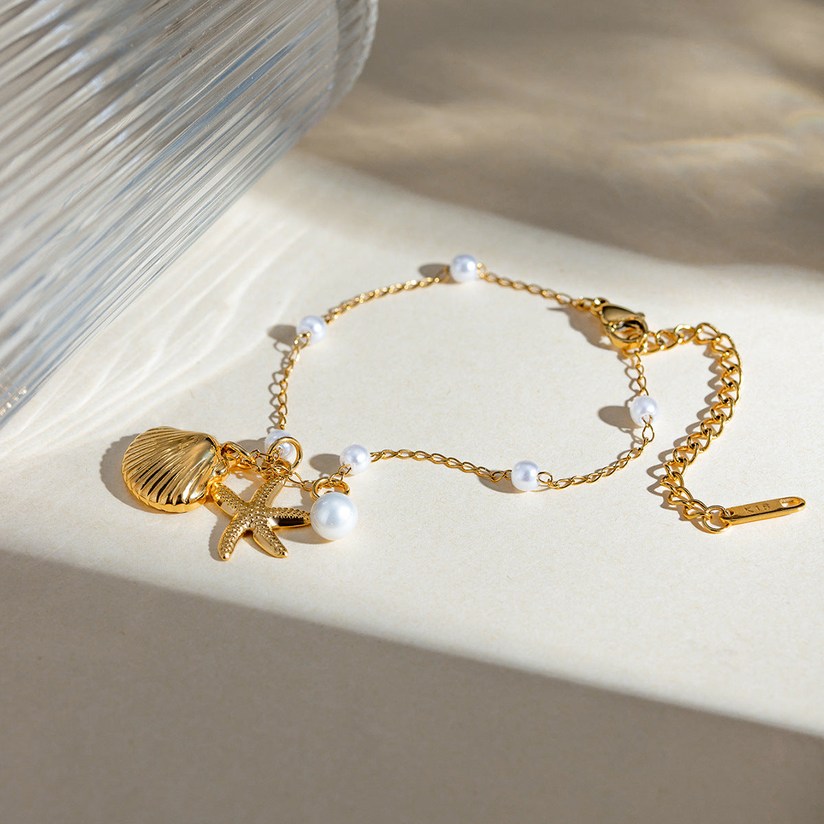 Fashion Jewelry 18K Gold Stainless Steel Pearl Chain Summer Holiday Shell Starfish Pendant Bracelet - FASHIONKULTUR
