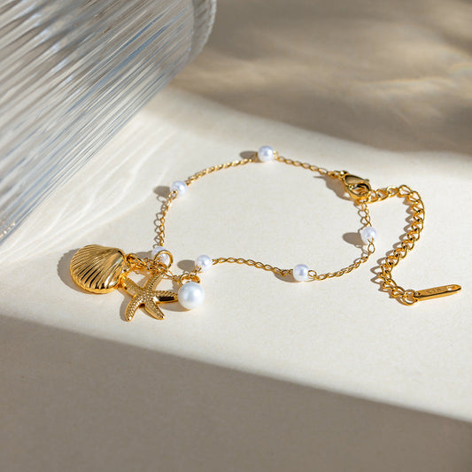 Fashion Jewelry 18K Gold Stainless Steel Pearl Chain Summer Holiday Shell Starfish Pendant Bracelet - FASHIONKULTUR