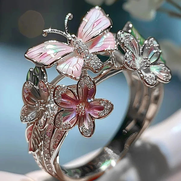 Adjustable Elegant Transparent Crystal 3D Shining Diamond Drop Oil Butterfly Flower Ring - FASHIONKULTUR