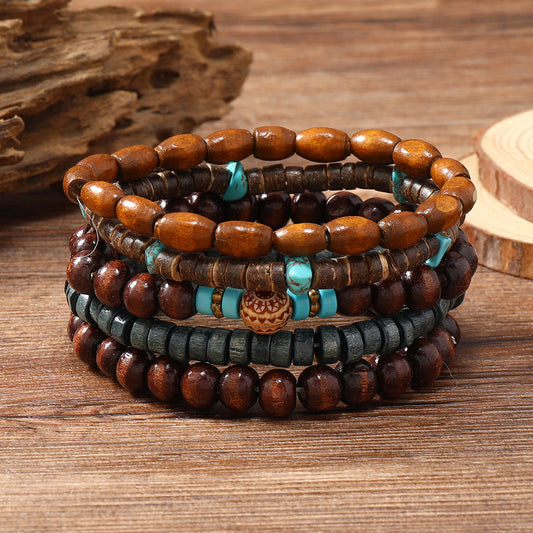 Turquoise Wooden Bead Coconut Shell Five-piece Bracelet Handmade - FASHIONKULTUR