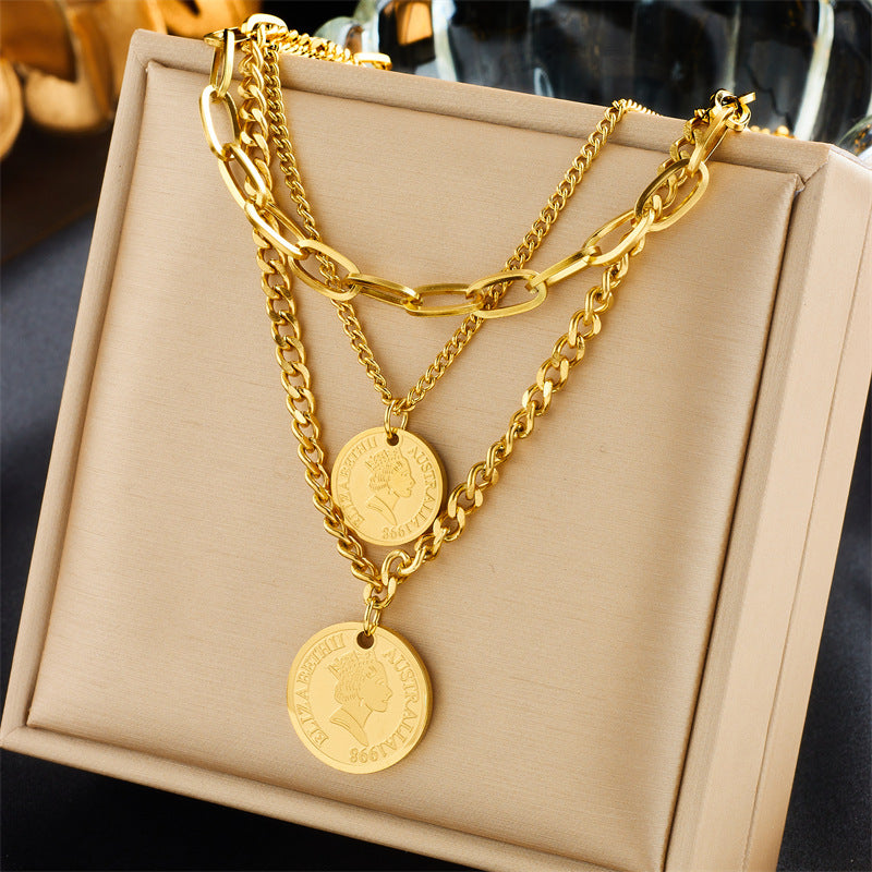 Multi-layer Twin Metal Coin Round Plate Pendant Necklace - FASHIONKULTUR