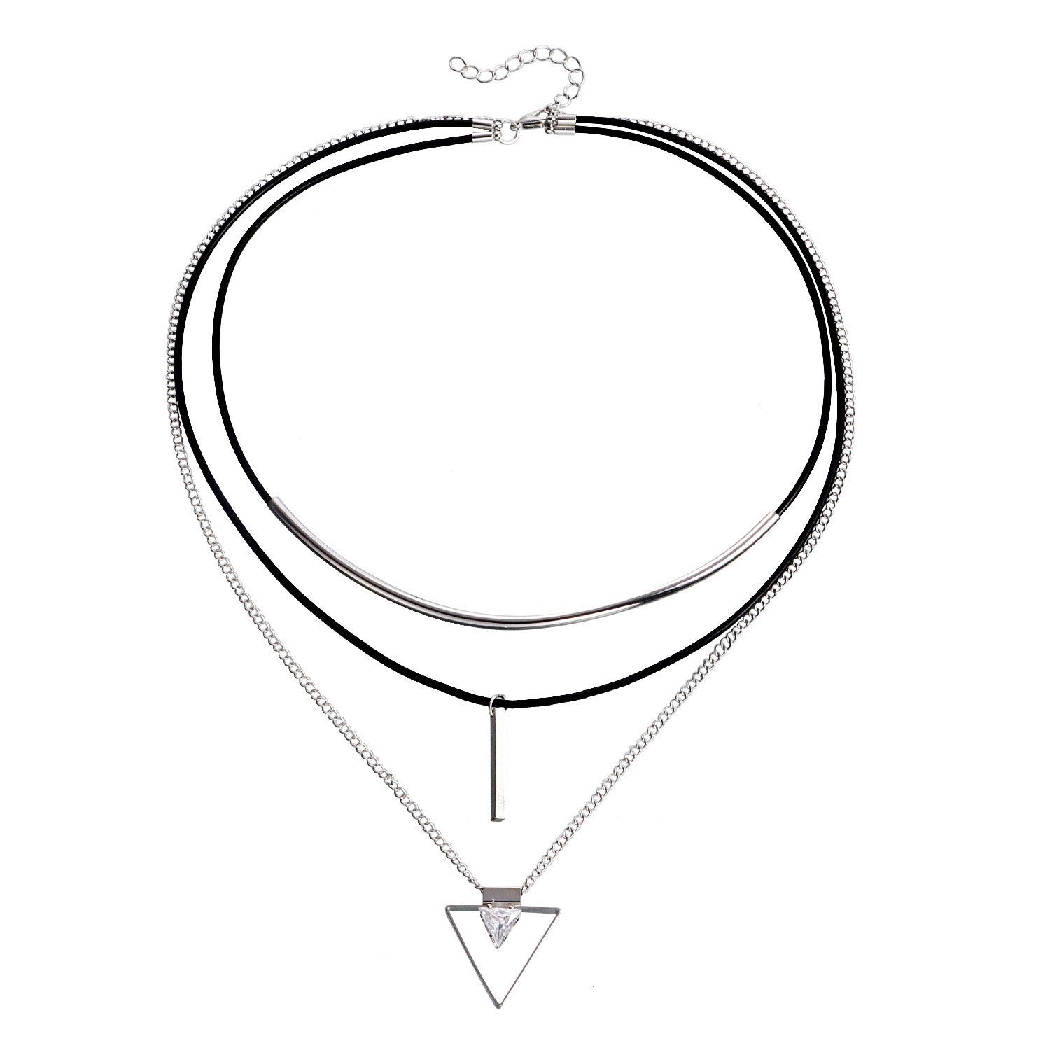 European And American Twin Multi-layer Cowhide String Geometric Triangle Zircon Pendant Necklace - FASHIONKULTUR