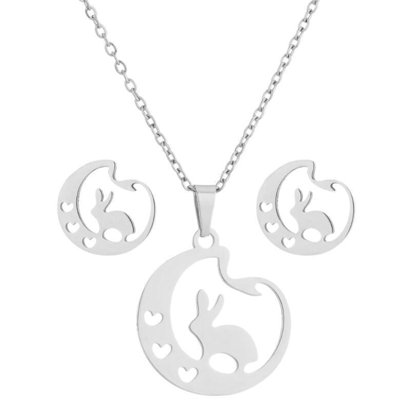 New Stainless Steel Geometric Ear Studs Collarbone Necklace Set - FASHIONKULTUR