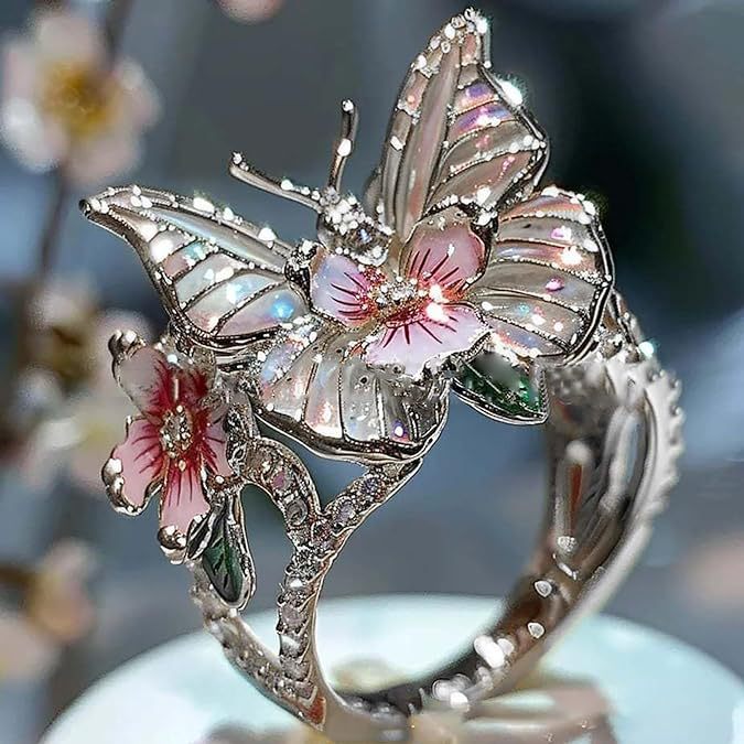 Adjustable Elegant Transparent Crystal 3D Shining Diamond Drop Oil Butterfly Flower Ring - FASHIONKULTUR