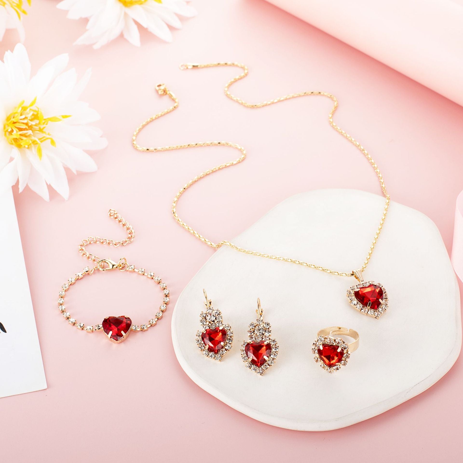 Heart Shape Rhinestone Necklace Earring Ring Bracelet 4 PCs Set - FASHIONKULTUR