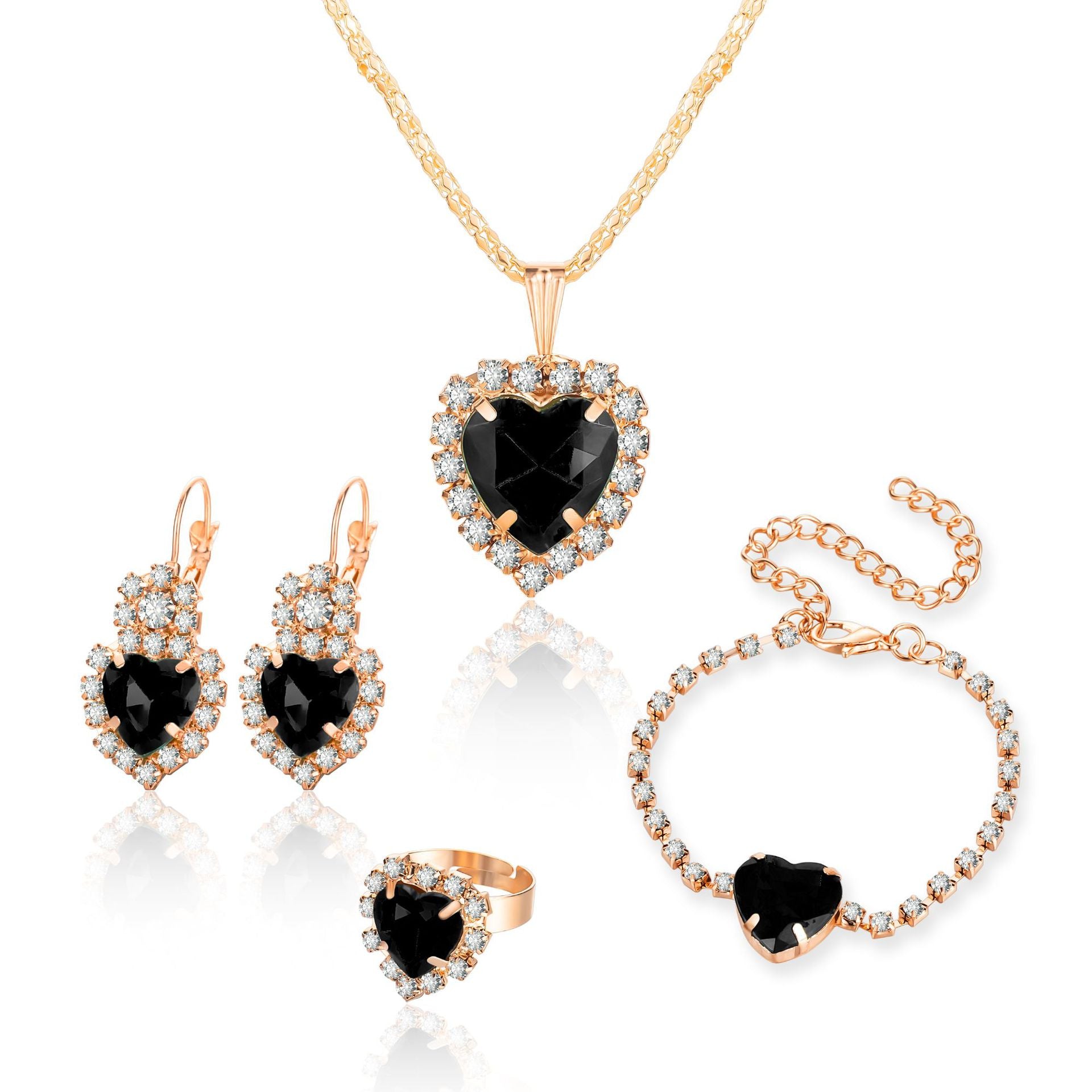 Heart Shape Rhinestone Necklace Earring Ring Bracelet 4 PCs Set - FASHIONKULTUR