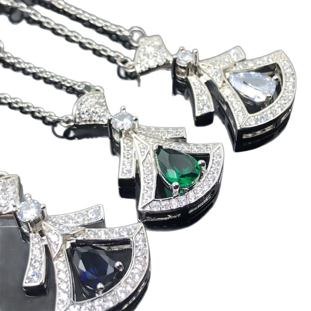 Fashionable All-match Pear-shaped Red And Blue Emerald Full Diamond Clavicle Chain - FASHIONKULTUR