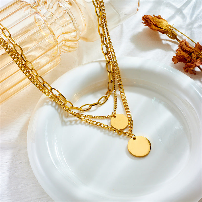 Multi-layer Twin Metal Coin Round Plate Pendant Necklace - FASHIONKULTUR