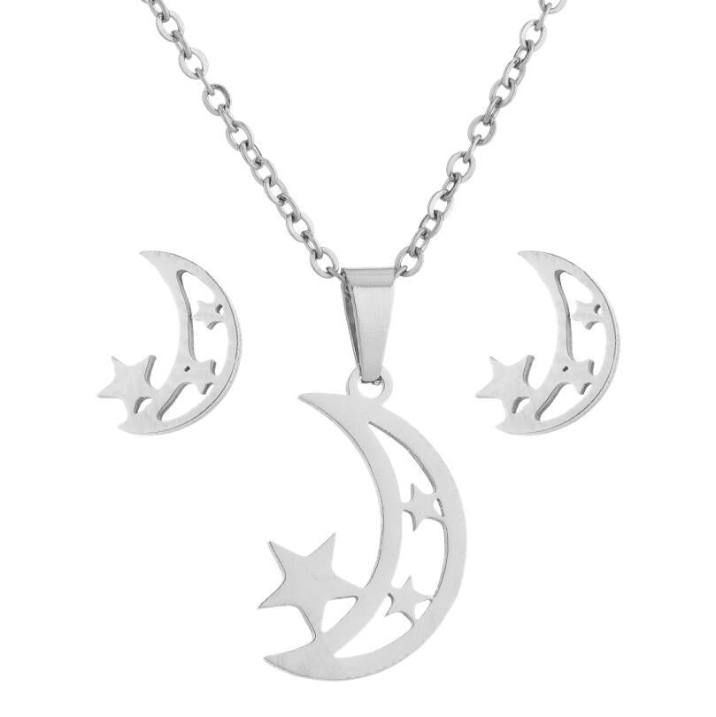 New Stainless Steel Geometric Ear Studs Collarbone Necklace Set - FASHIONKULTUR