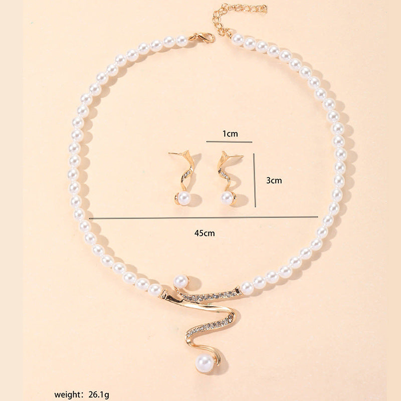 Fashion Pearl Diamond-studded Necklace Earrings Pendant 2-piece Set - FASHIONKULTUR