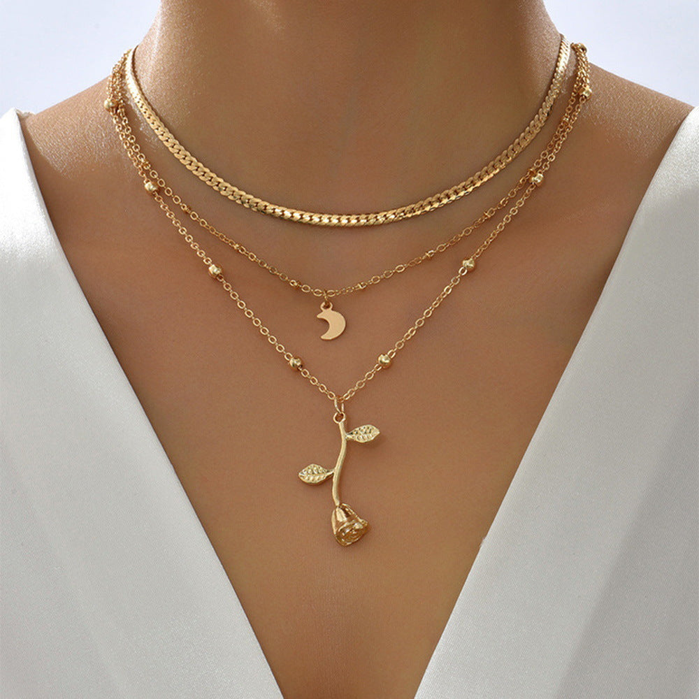European And American Style Popular Golden Rose 3-layer Necklace - FASHIONKULTUR
