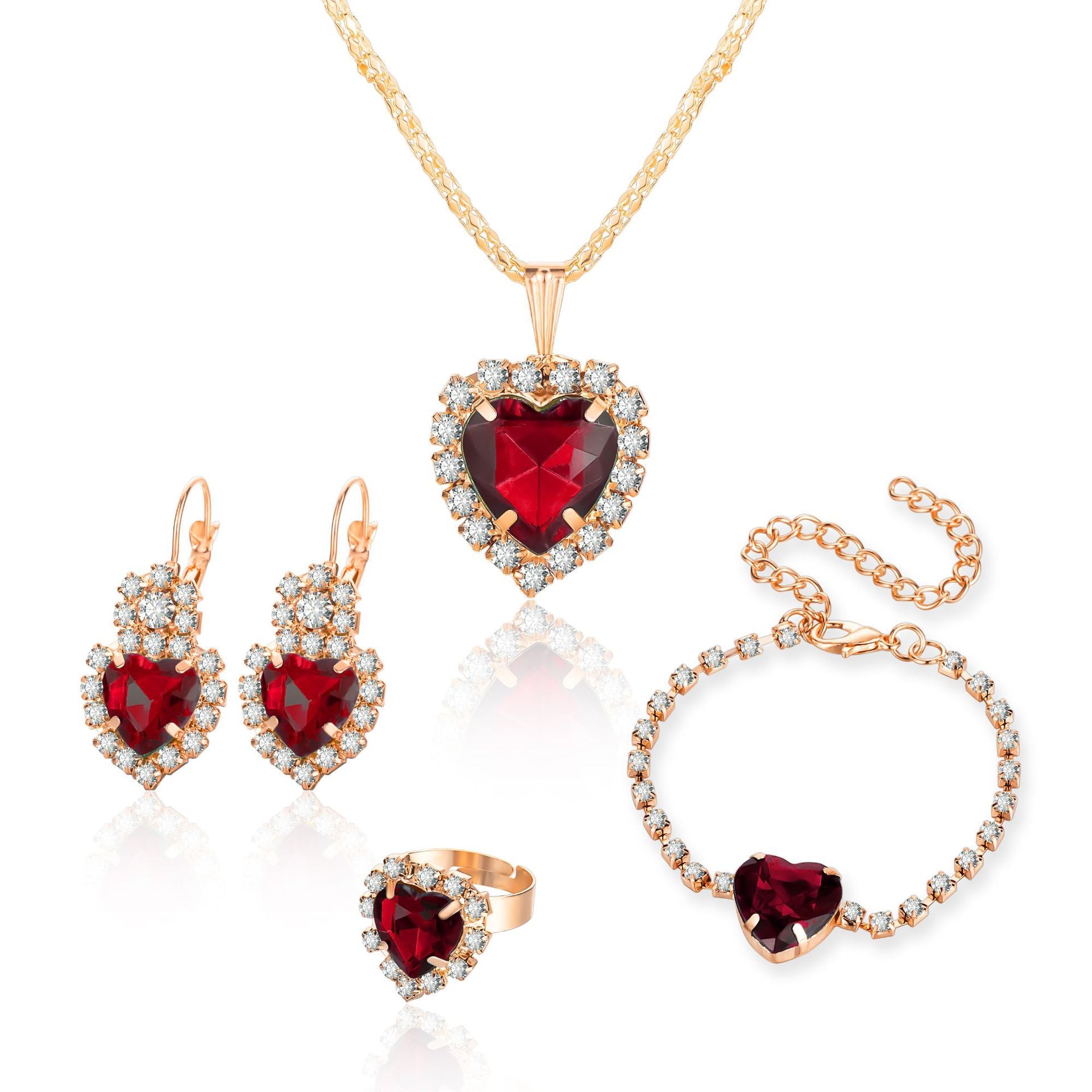 Heart Shape Rhinestone Necklace Earring Ring Bracelet 4 PCs Set - FASHIONKULTUR