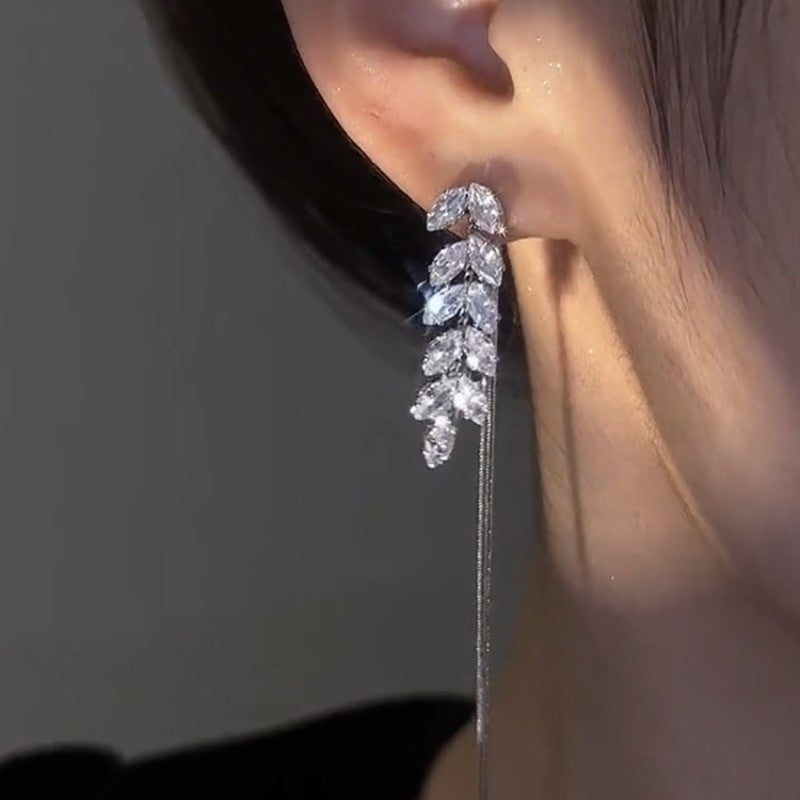 Full Rhinestone Zircon Leaves Tassel Hanging Earrings Long Earrings - FASHIONKULTUR