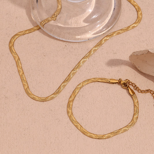 Stainless Steel Plated 18K Gold Wavy Embossed Fishbone Chain Bracelet - FASHIONKULTUR