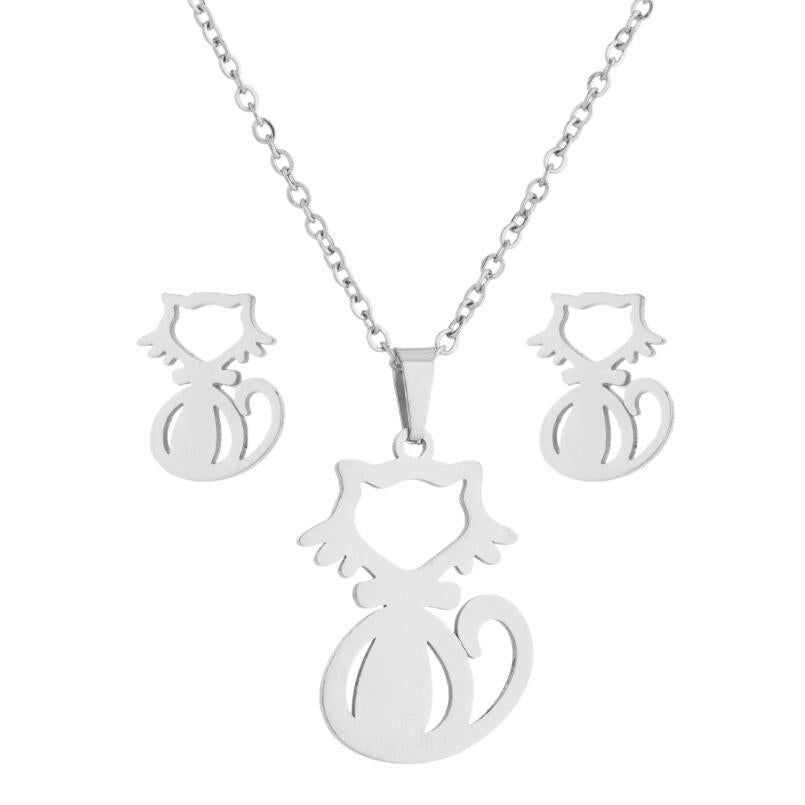 New Stainless Steel Geometric Ear Studs Collarbone Necklace Set - FASHIONKULTUR