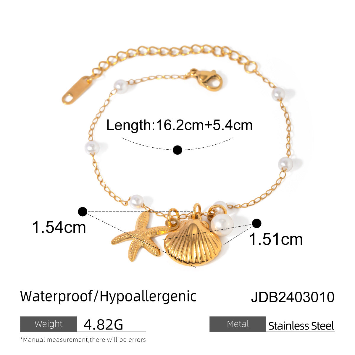 Fashion Jewelry 18K Gold Stainless Steel Pearl Chain Summer Holiday Shell Starfish Pendant Bracelet - FASHIONKULTUR