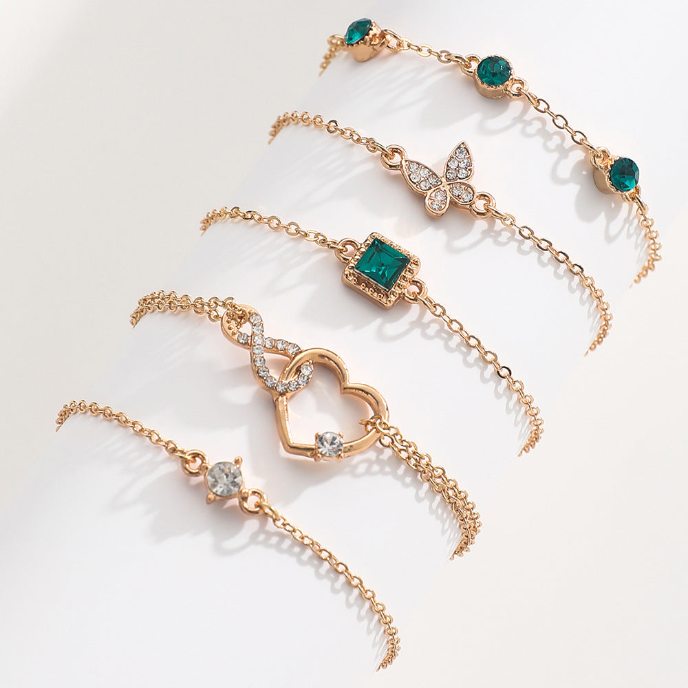 Bohemian 5pc Green Crystal Bracelets Jewelry Set For Women Heart Bracelet Wedding Engagement Bracelet Fashion Jewelry - FASHIONKULTUR