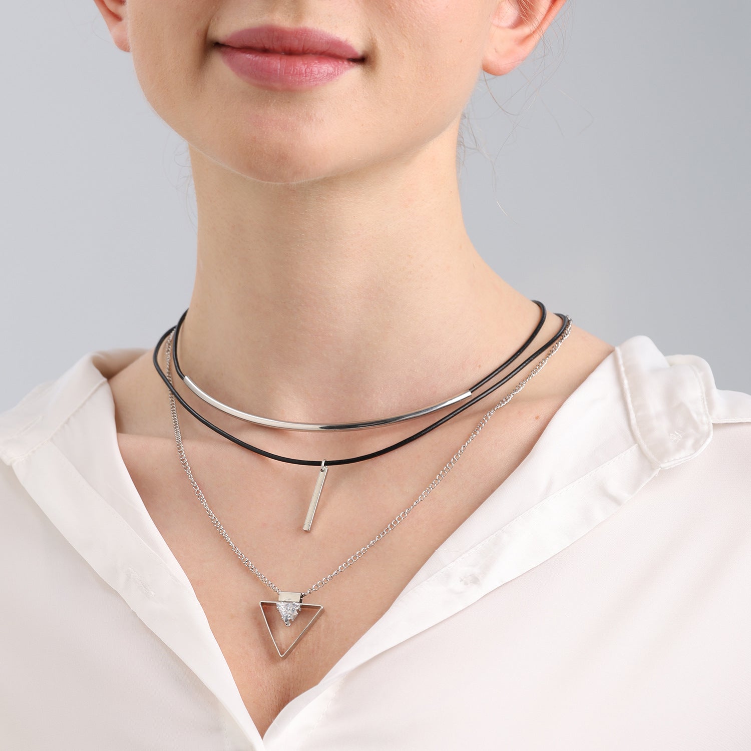 European And American Twin Multi-layer Cowhide String Geometric Triangle Zircon Pendant Necklace - FASHIONKULTUR