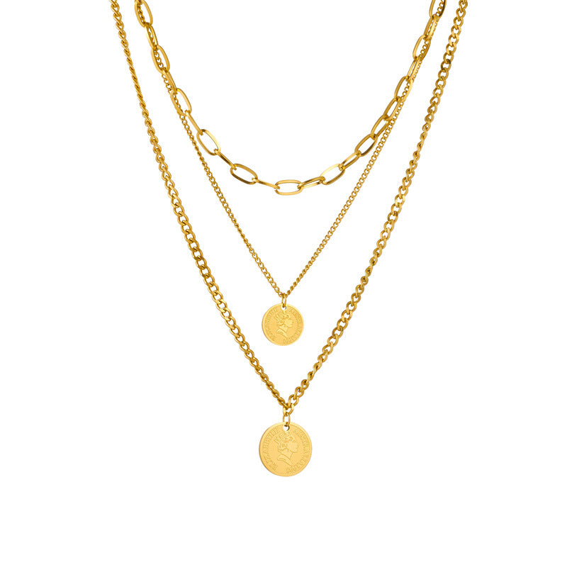 Multi-layer Twin Metal Coin Round Plate Pendant Necklace - FASHIONKULTUR