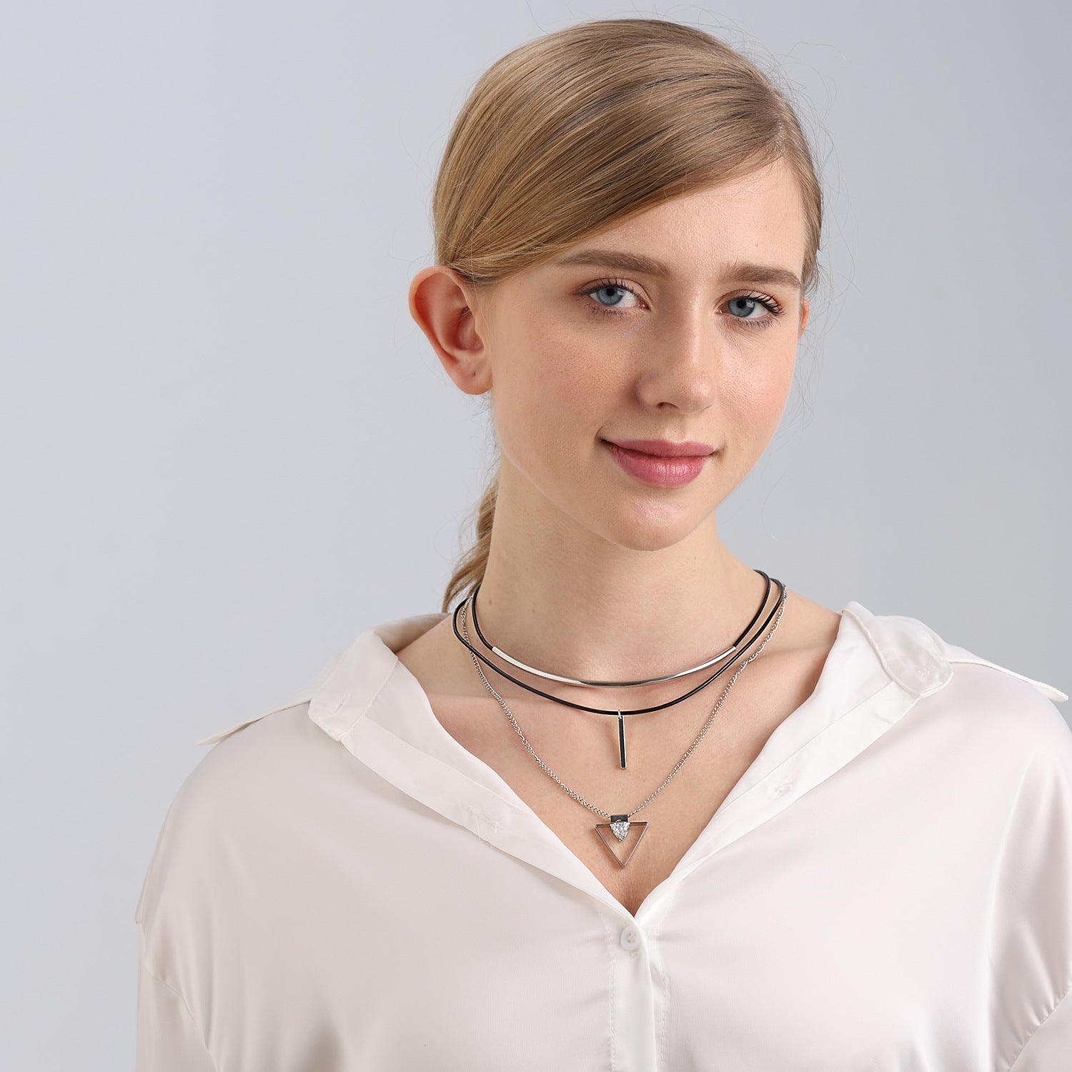 European And American Twin Multi-layer Cowhide String Geometric Triangle Zircon Pendant Necklace - FASHIONKULTUR